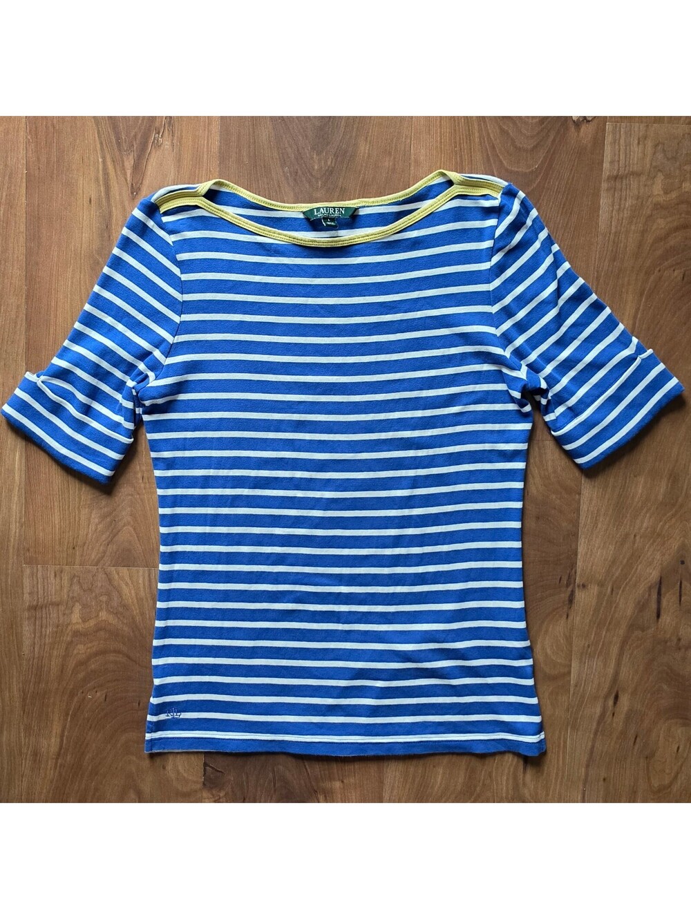 Lauren Ralph Lauren Striped Boatneck Top Blue White Yellow Trim size L, 438